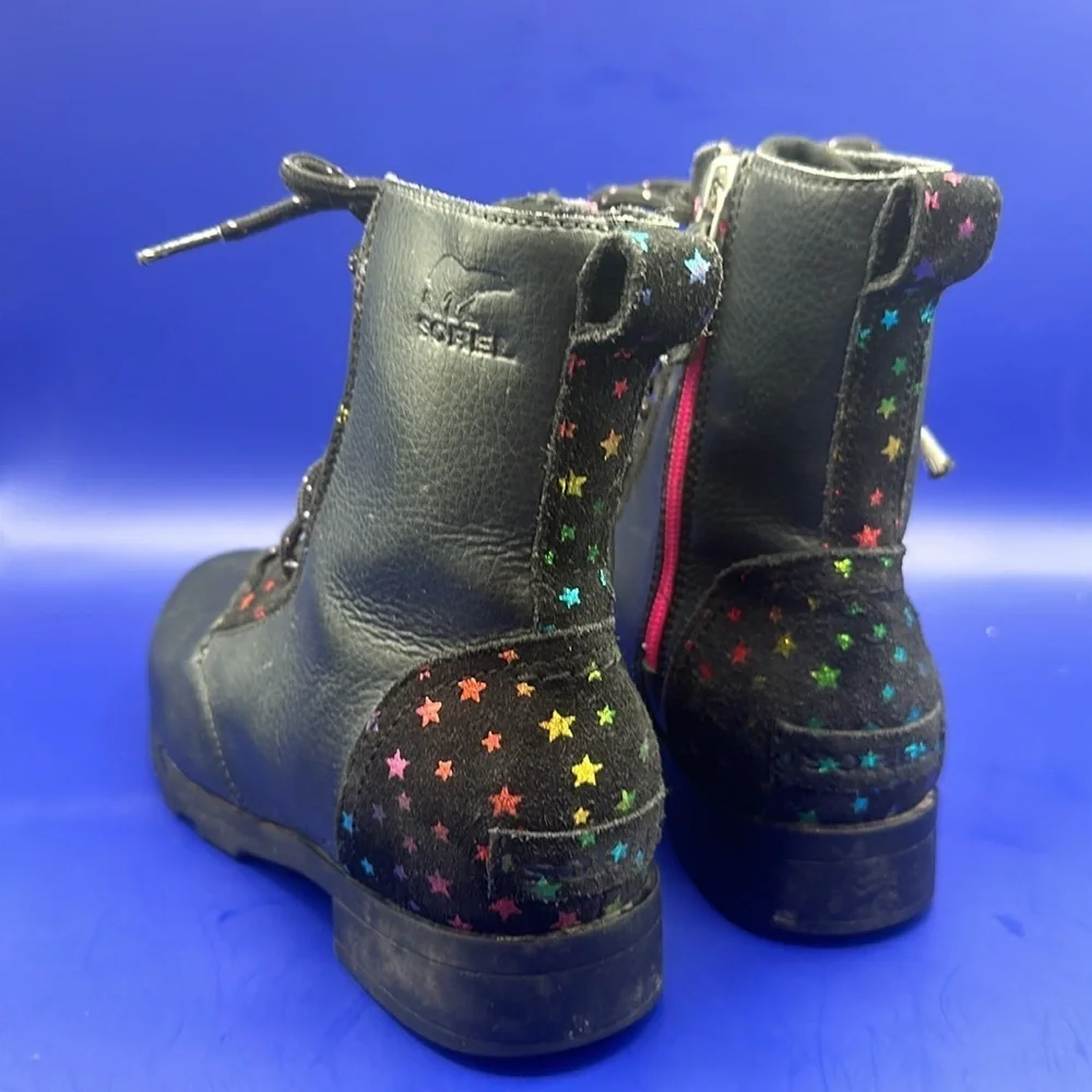 Sorel Emelie Youth Girls Leather Combat Boot SZ 4 Black Waterproof Arch Support